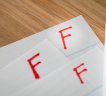 Pieces of paper with a failing grade of 'F' at the top.